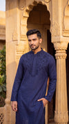 Navy Blue textured Silk Embroidered Kurta Set