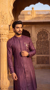 A man wearing a long-sleeved purple kurta with gold embroidery on the chest, standing in front of a sandstone archway and intricate carved jharoka architectural details.